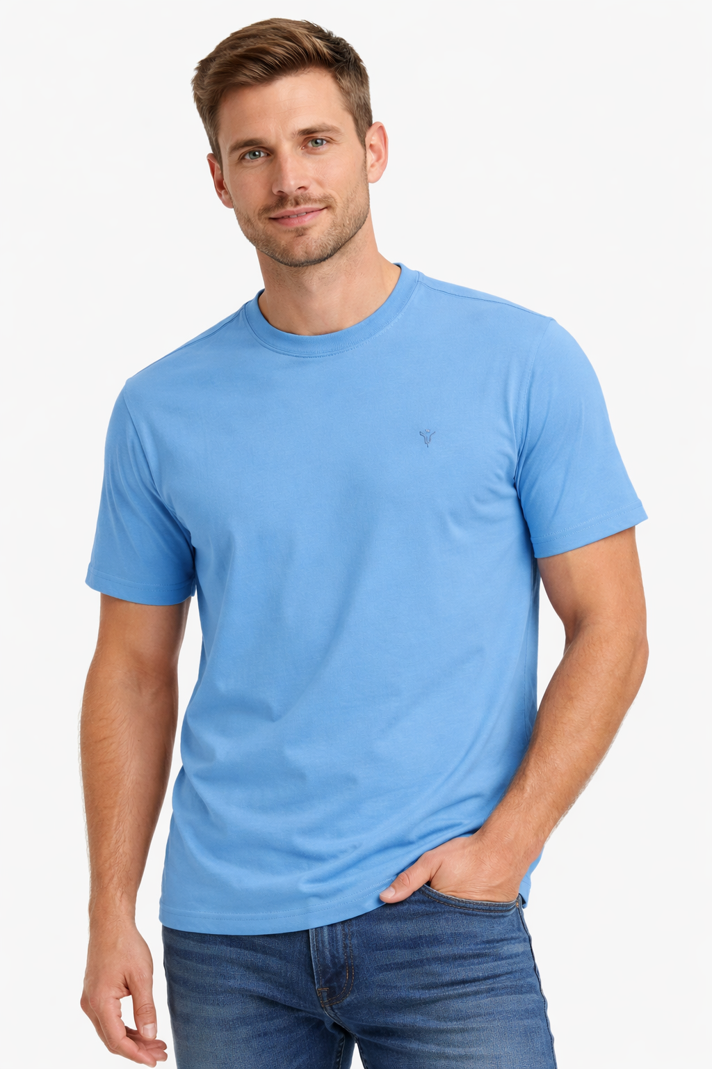Front view of Dare Wolf solid blue round neck t-shirt