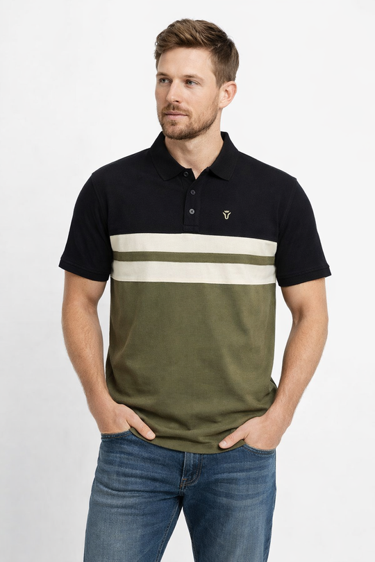 Front view of Dare Wolf black, off-white and olive green horizontal-panel cut & sew polo t-shirt