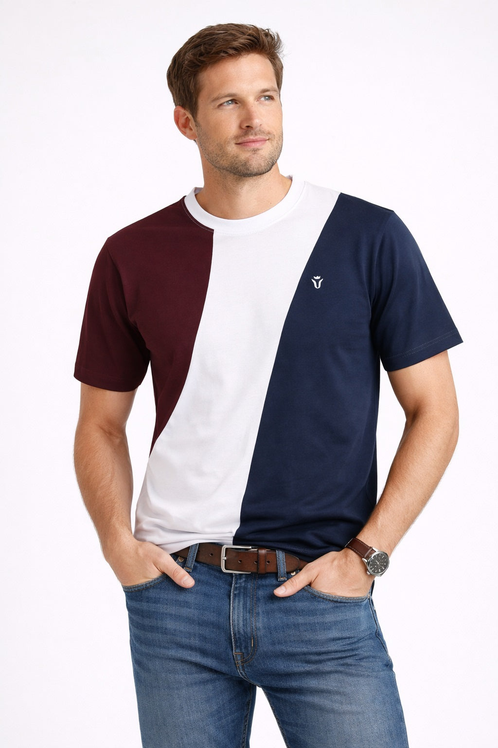 Front view of Dare Wolf maroon, white and navy diagonal panel round neck t-shirt