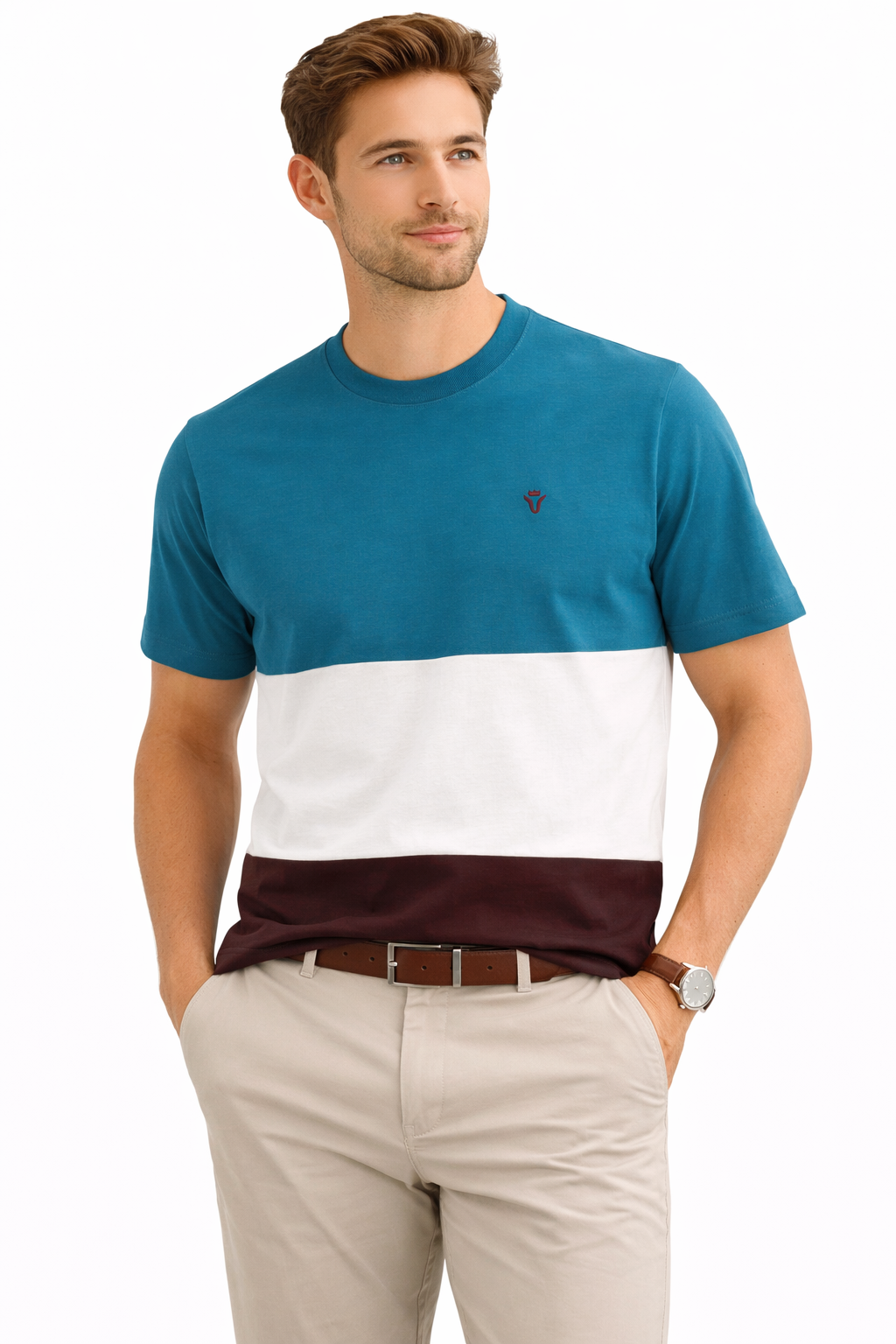 Front view of Dare Wolf teal blue, white and maroon color-block round neck t-shirt