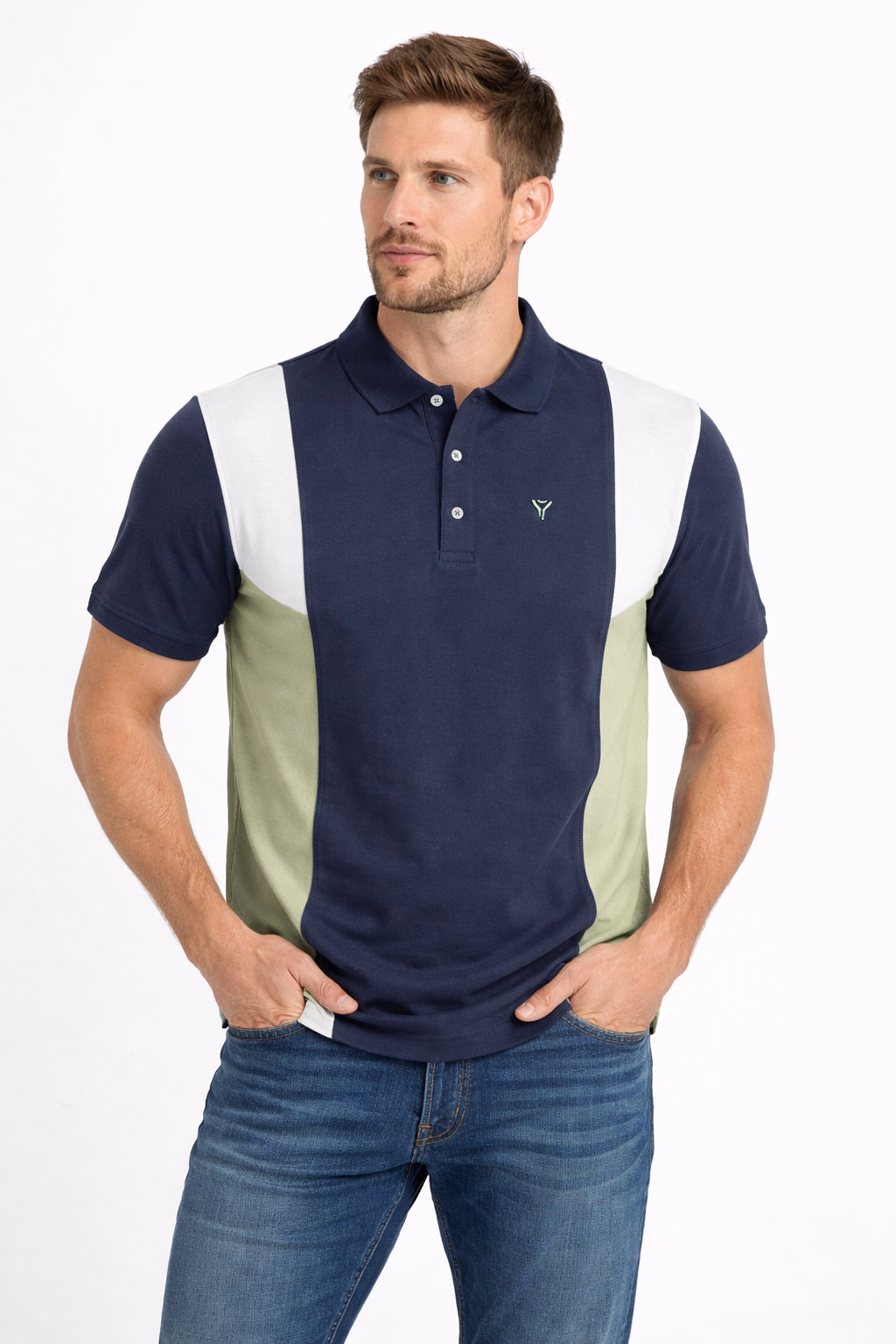 Front view of Dare Wolf navy blue, off-white and olive green side-panel cut & sew polo t-shirt