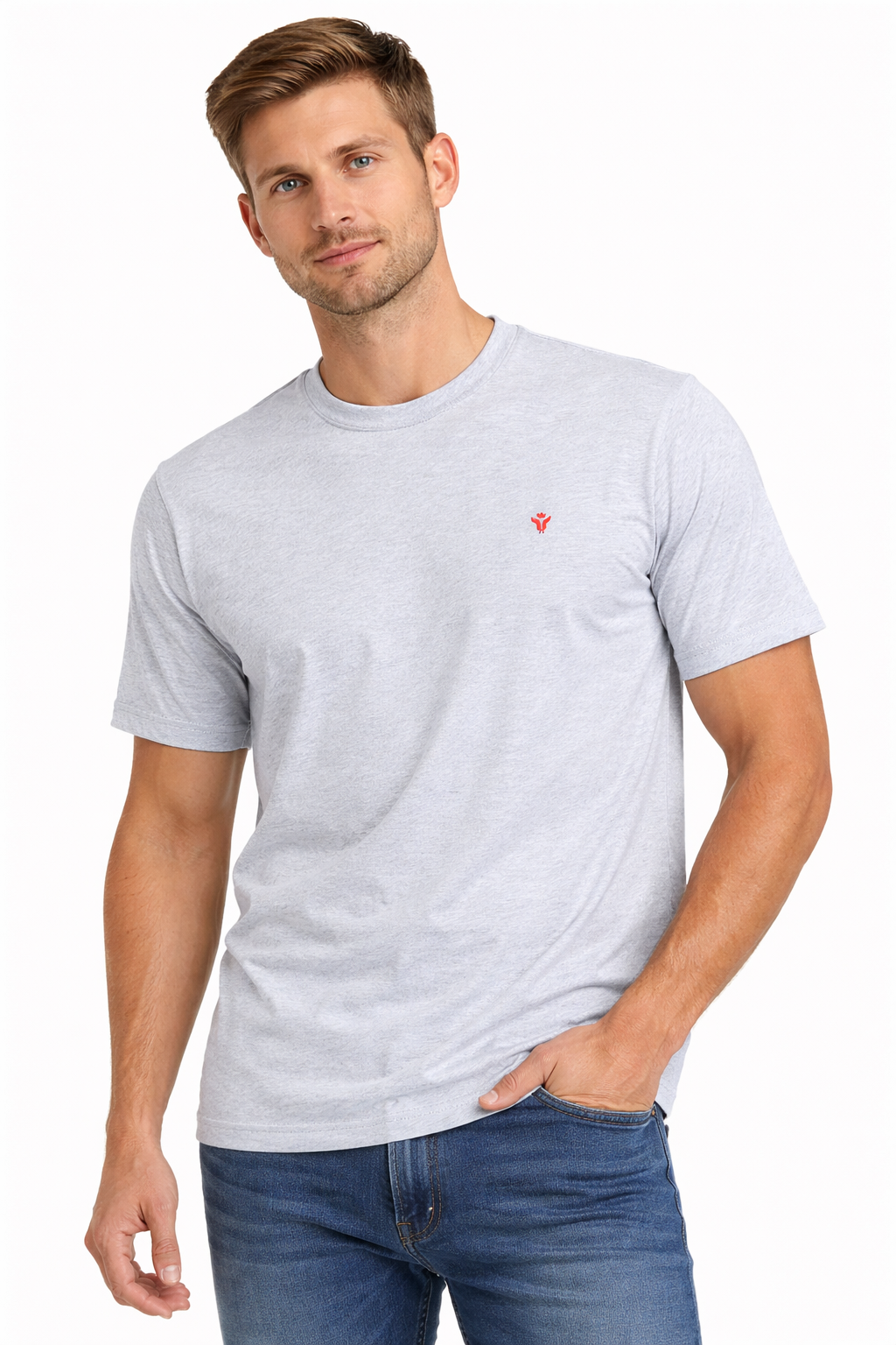 Front view of Dare Wolf solid grey round neck t-shirt