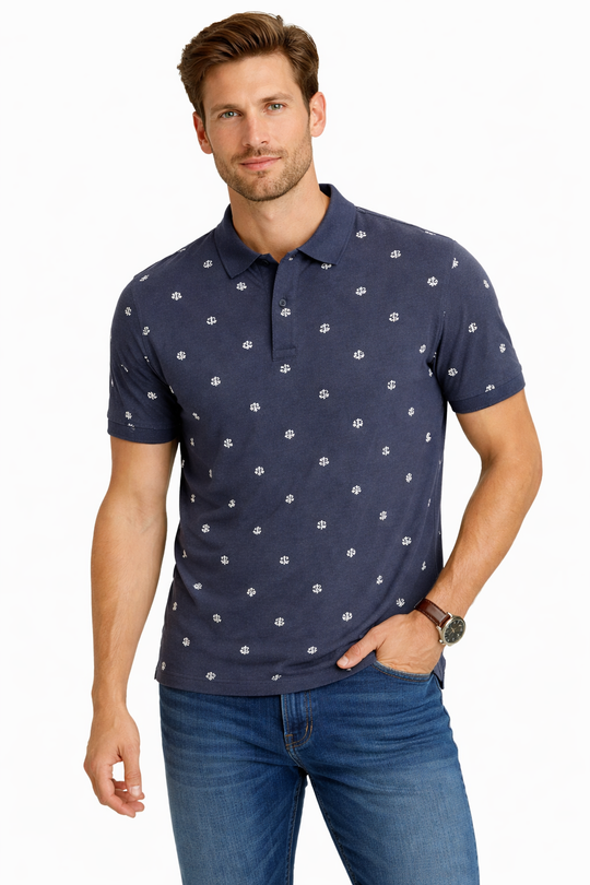 Front view of Dare Wolf navy blue all-over print polo t-shirt with minimal motif pattern