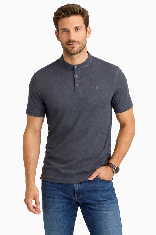 Front view of Dare Wolf charcoal grey Chinese collar jacquard t-shirt