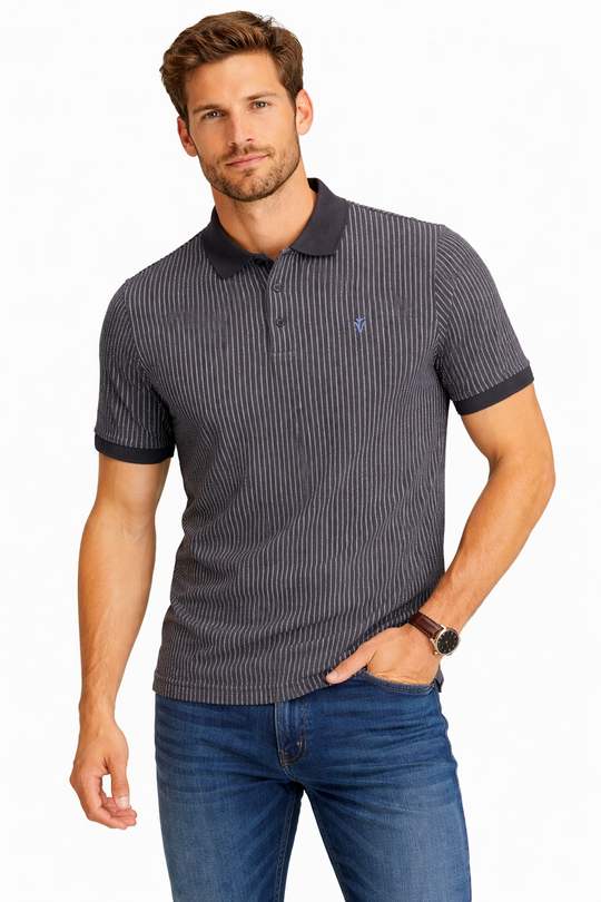 Front view of Dare Wolf charcoal grey vertical jacquard polo t-shirt