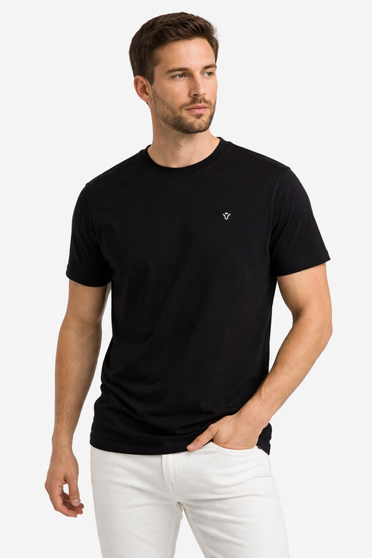 Front view of Dare Wolf solid black round neck t-shirt