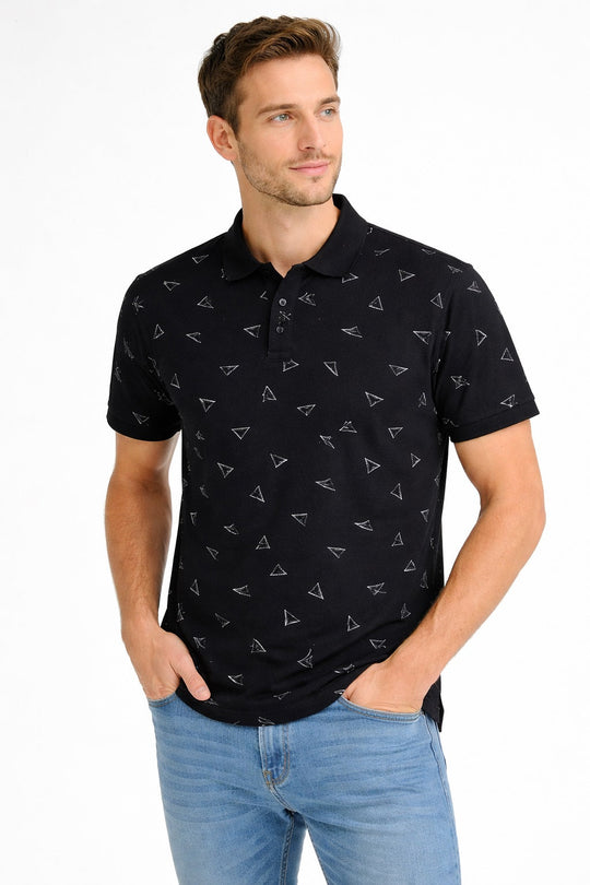 Front view of Dare Wolf black all-over print polo t-shirt with geometric line pattern