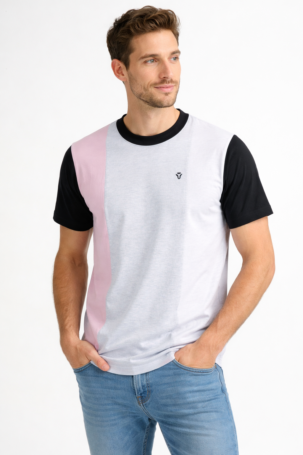 Front view of Dare Wolf black, pink, grey and white vertical panel round neck t-shirt