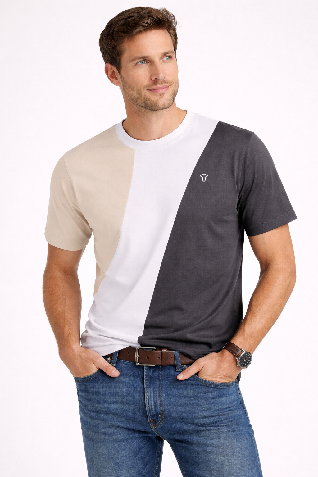 Front view of Dare Wolf beige, white and charcoal diagonal panel round neck t-shirt