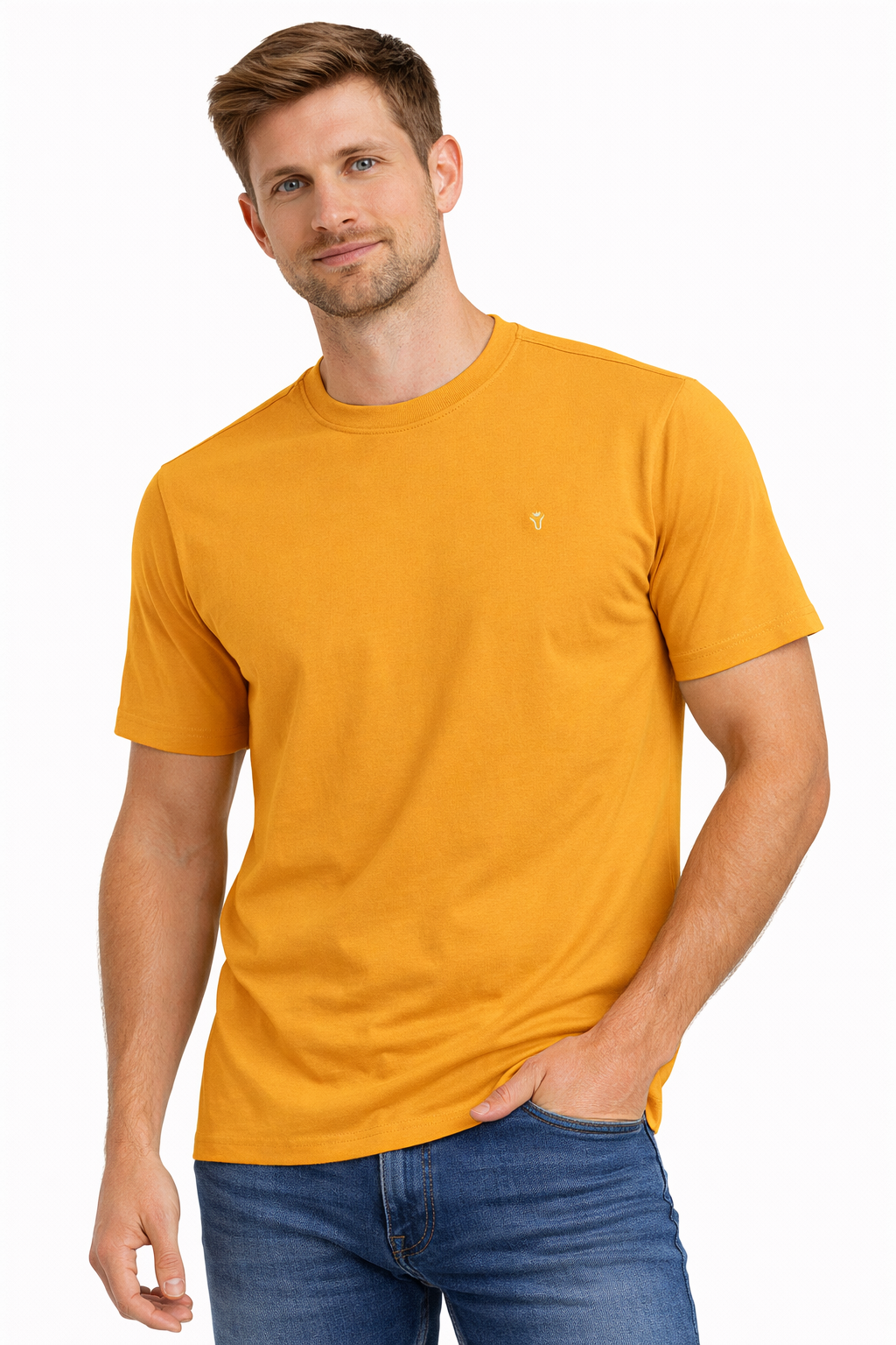 Front view of Dare Wolf solid yellow round neck t-shirt
