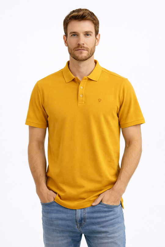 Front view of Dare Wolf solid mustard yellow polo t-shirt