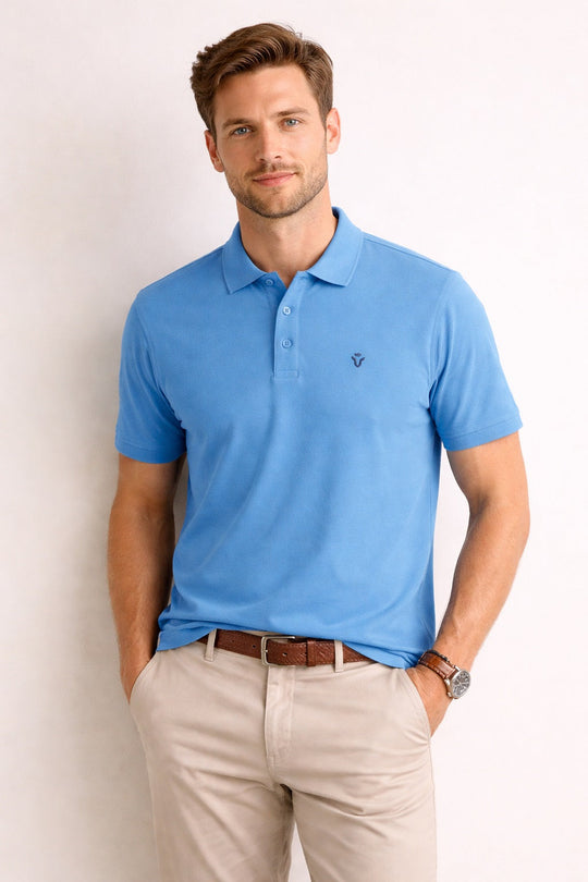 Front view of Dare Wolf solid blue polo t-shirt