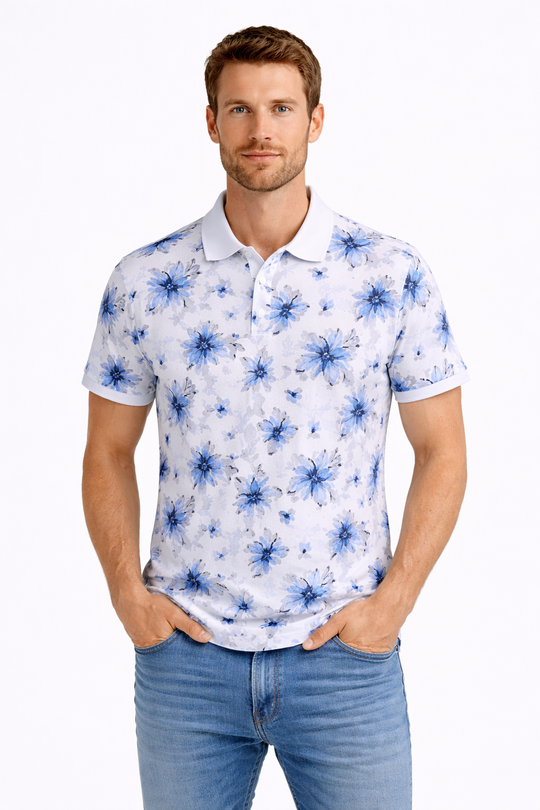 Front view of Dare Wolf white all-over print polo t-shirt with blue floral pattern