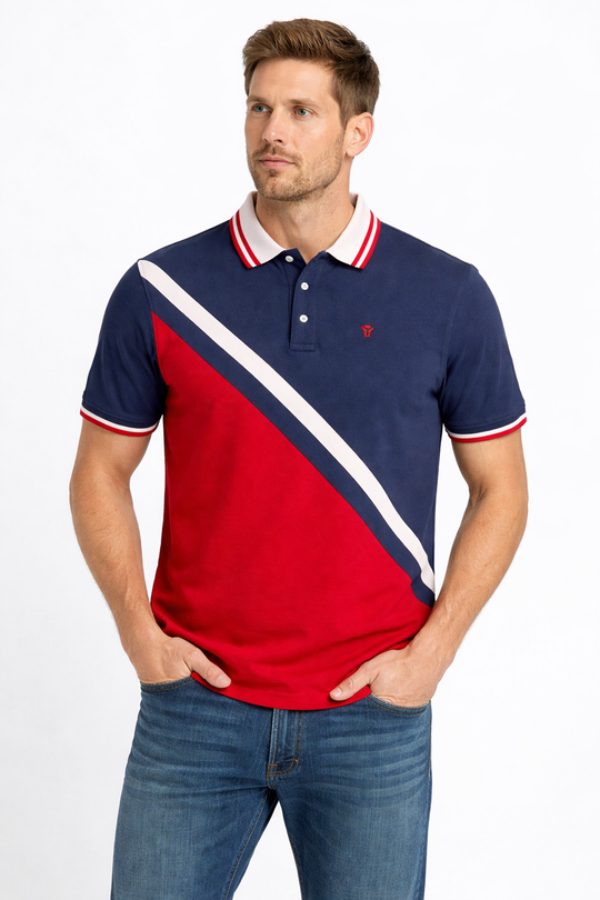 Front view of Dare Wolf navy blue, red and off-white diagonal color-block cut & sew polo t-shirt