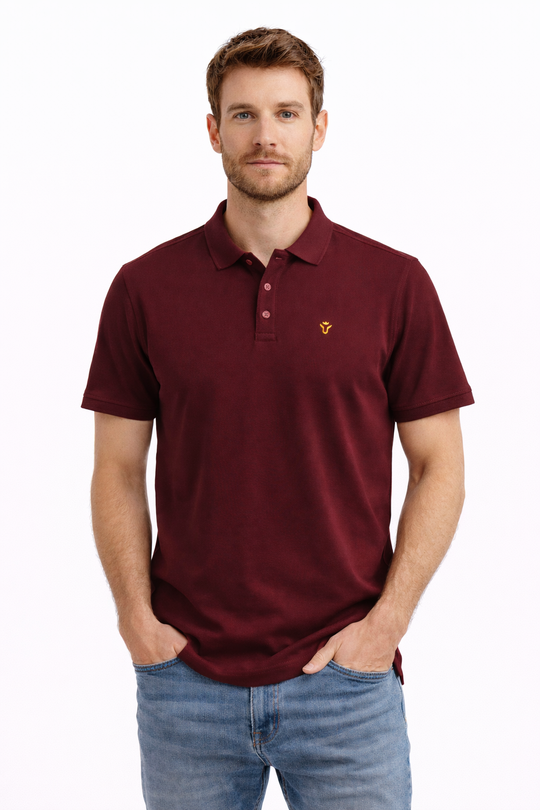Front view of Dare Wolf solid maroon polo t-shirt