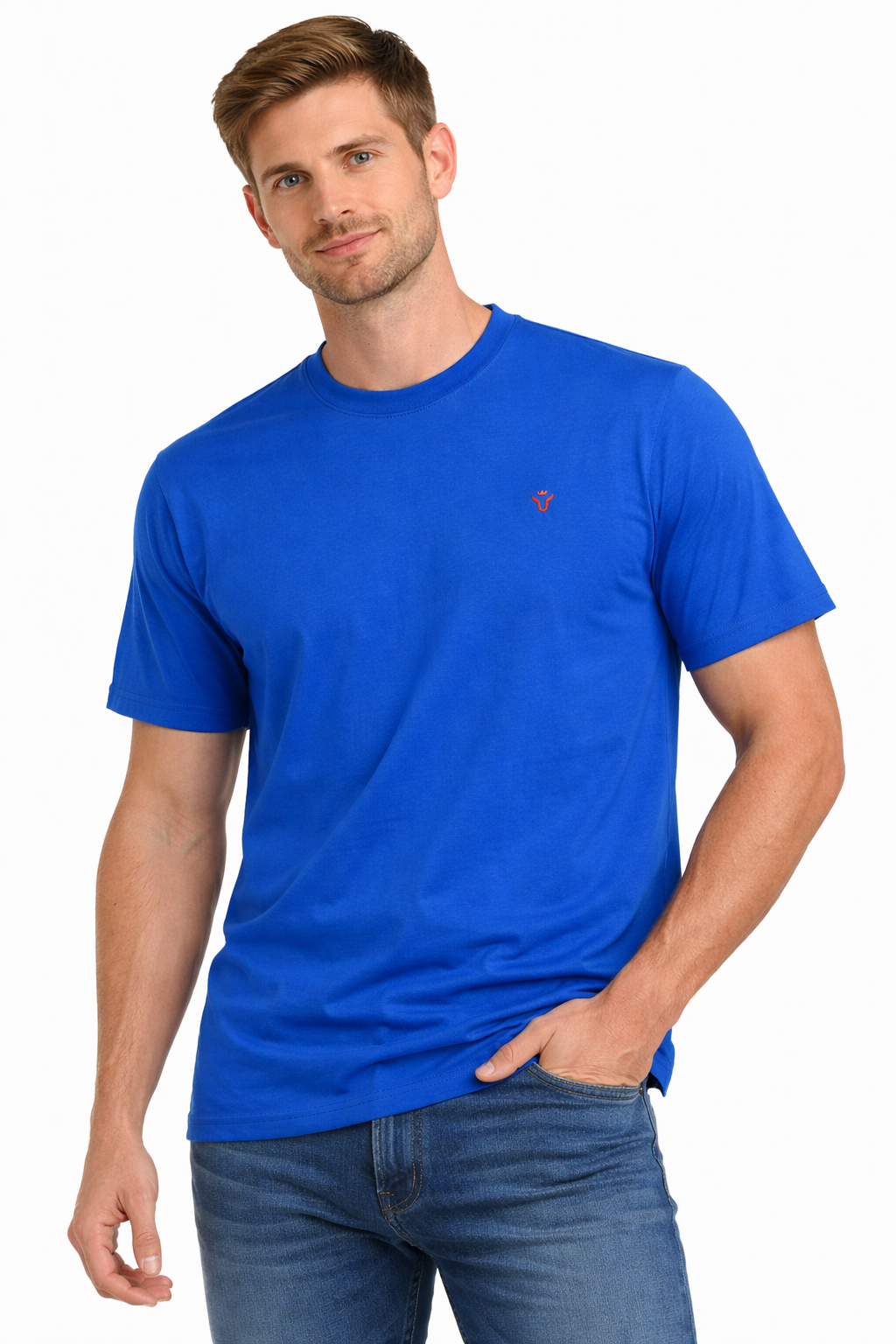 Front view of Dare Wolf solid royal blue round neck t-shirt