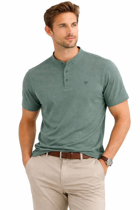 Front view of Dare Wolf sage green mandarin collar jacquard t-shirt