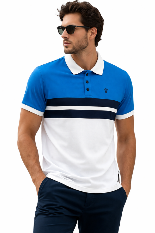Front view of Dare Wolf sky blue, navy and white striped cut & sew polo t-shirt