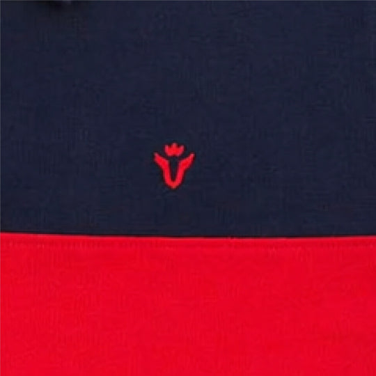 Close-up of Dare Wolf chest logo on black and red polo t-shirt