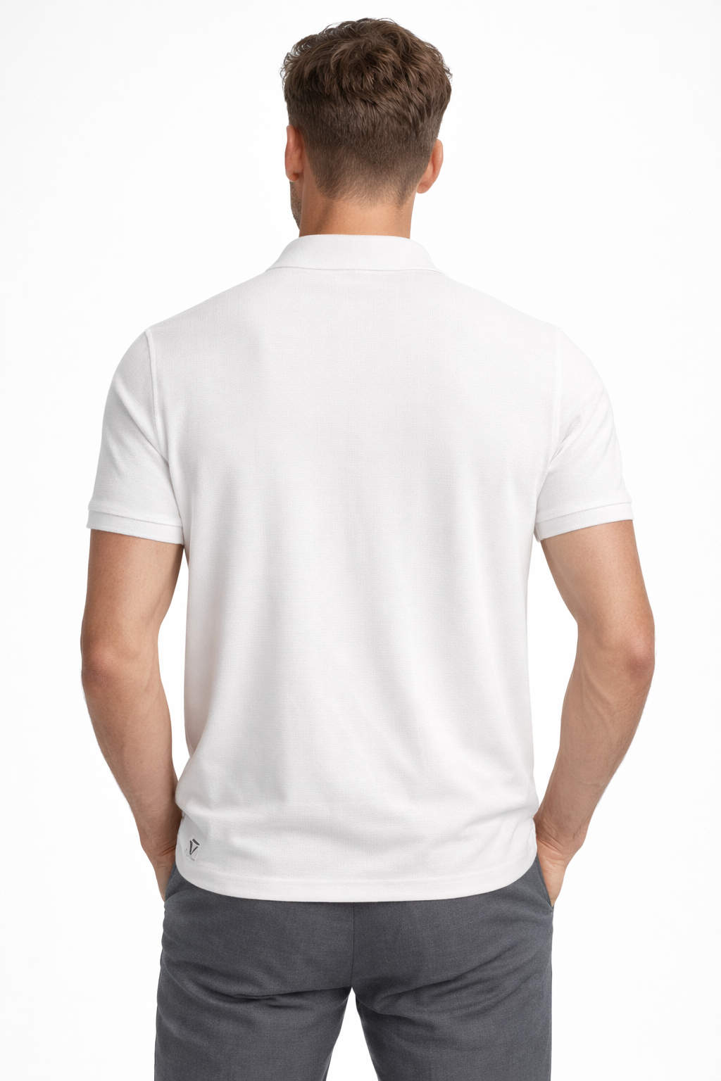 Back view of Dare Wolf white jacquard polo t-shirt