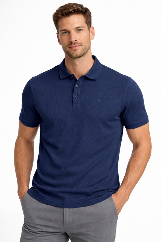 Front view of Dare Wolf blue jacquard polo t-shirt