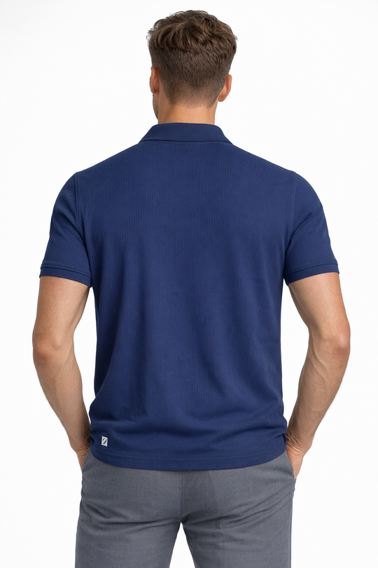 Back view of Dare Wolf blue jacquard polo t-shirt