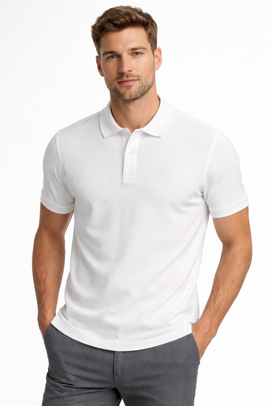 Front view of Dare Wolf white jacquard polo t-shirt
