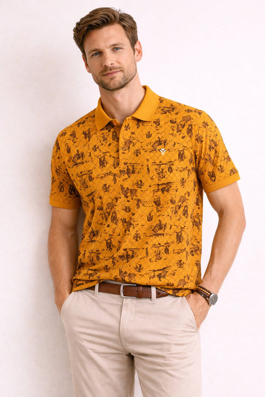 Front view of Dare Wolf mustard yellow all-over print polo t-shirt with graphic pattern