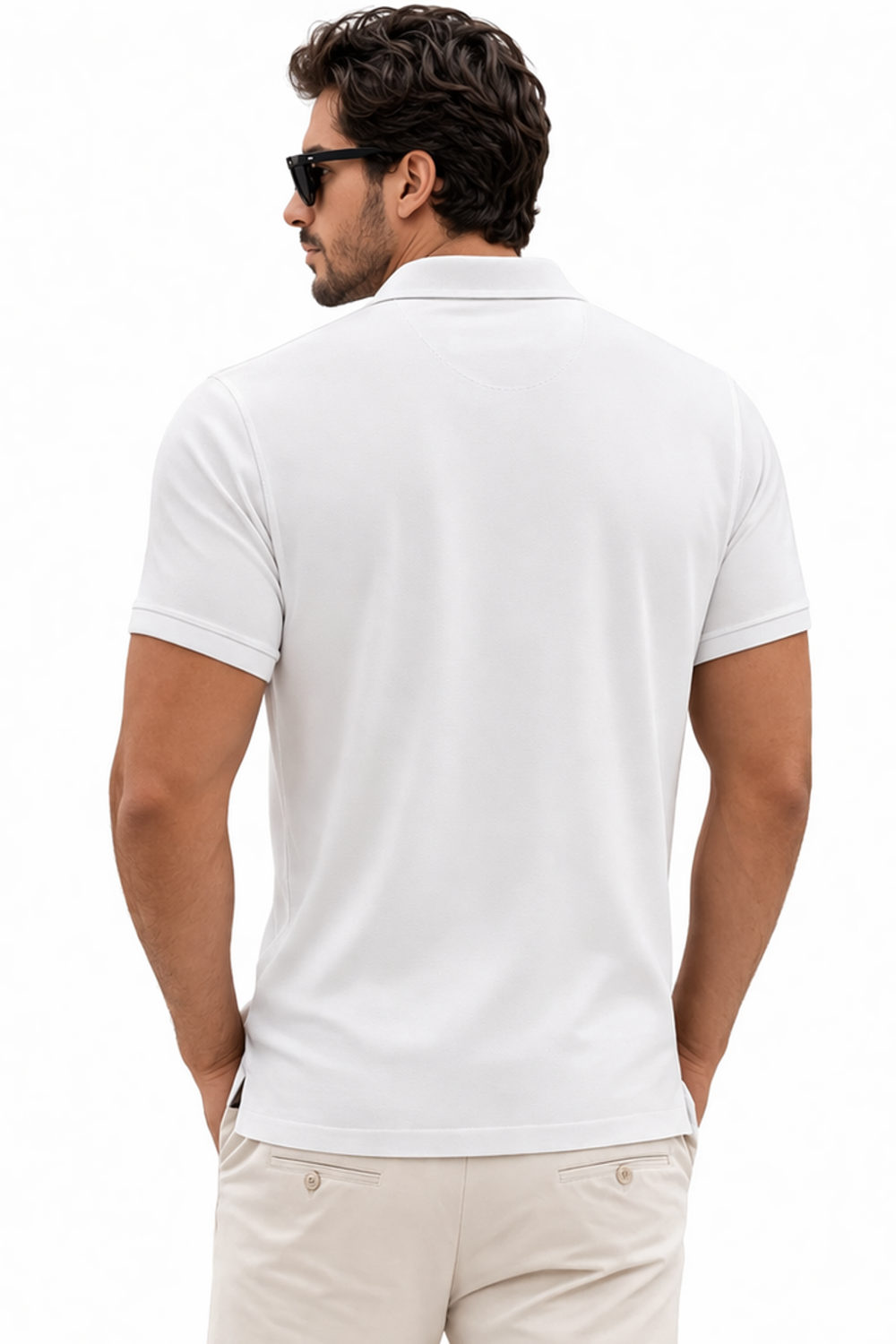 Back view of Dare Wolf diagonal beige panel cut & sew polo t-shirt
