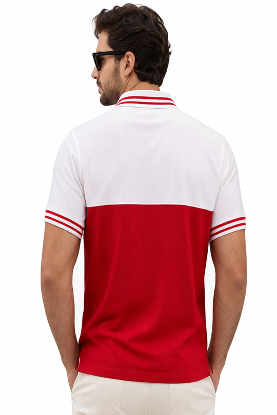 Back view of Dare Wolf white and red color-block cut & sew polo t-shirt