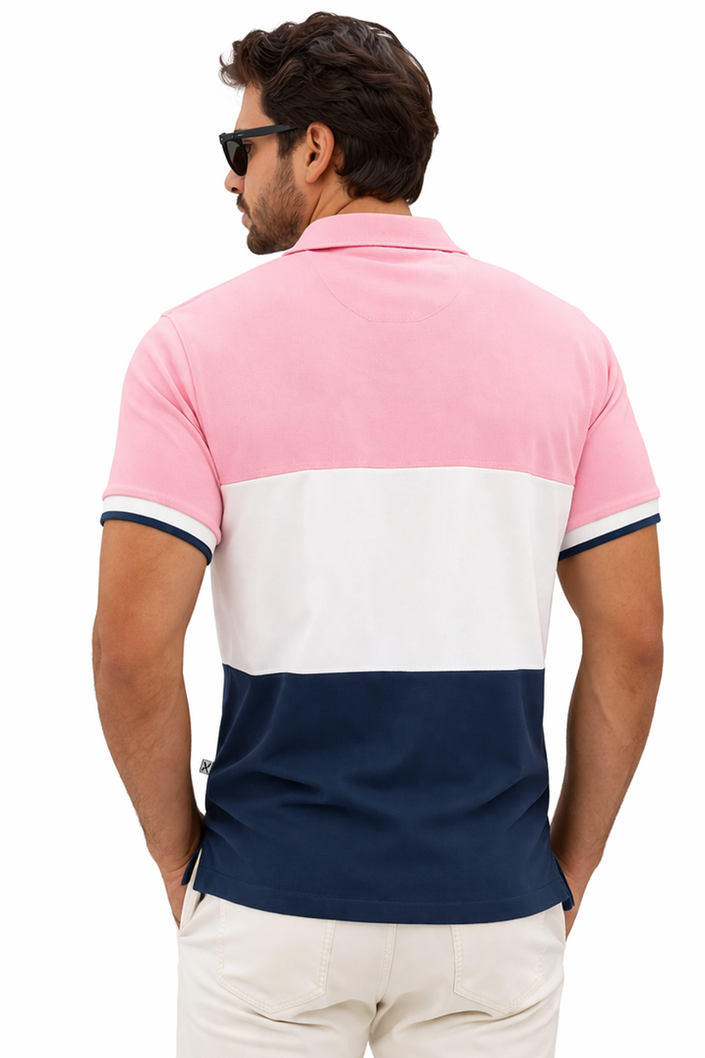 Back view of Dare Wolf pink multicolor cut & sew polo t-shirt
