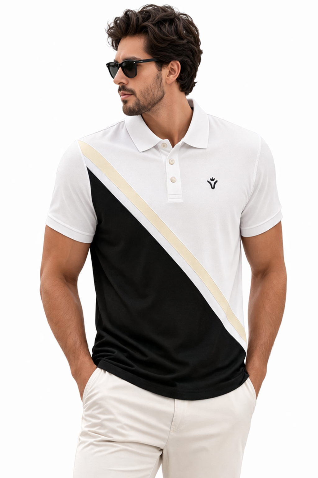 Front view of Dare Wolf white, black and beige diagonal panel cut & sew polo t-shirt
