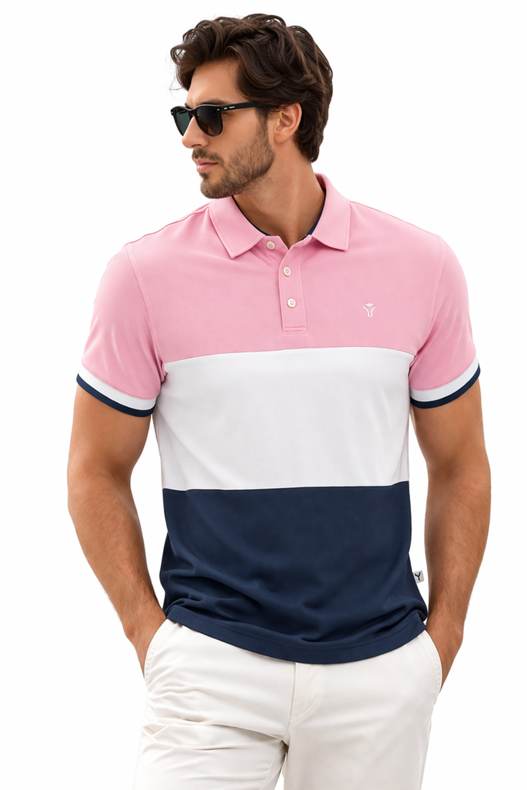 Front view of Dare Wolf pink, white and navy multicolor cut & sew polo t-shirt