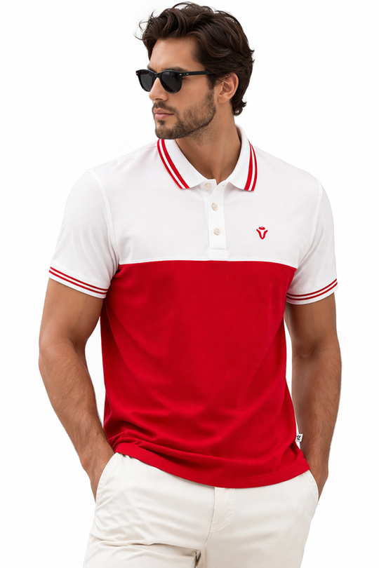 Front view of Dare Wolf white and red color-block cut & sew polo t-shirt